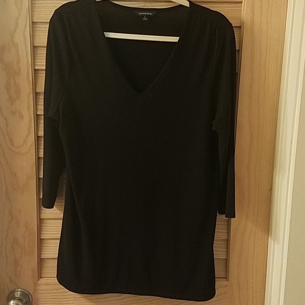 Lands End Black Womans Pullover V Neck Dress Blouse